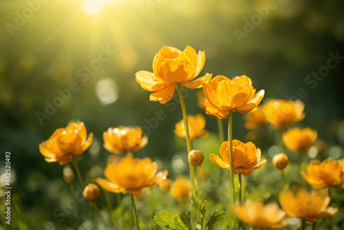 Natural trollius flowers with sunshine bokeh background
