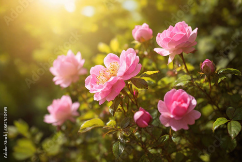 Natural wild roses with sunshine bokeh background