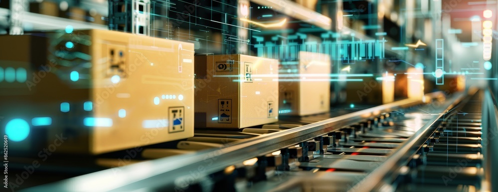 conveyor belt in a distribution warehouse with row of cardboard box packages for e-commerce delivery and automated logistics concepts as wide banner with copysapce area conveyor belt in a distribution warehouse with row of cardboard box packages for e-commerce delivery and automated logistics concepts as wide banner with copysapce area