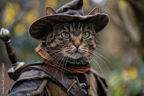 Cat in a medieval costume and hat. Generated by artificial intelligence photo