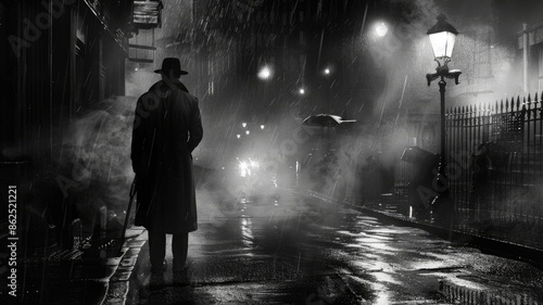 A figure in a coat and hat on a dark, rainy street under a vintage streetlight, creating a noir atmosphere AIG58 © Summit Art Creations