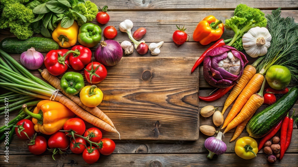 Fresh vegetables arranged on a rustic wooden board, healthy, organic, natural, produce, nutrition, diet, colorful Fresh vegetables arranged on a rustic wooden board, healthy, organic, natural, produce, nutrition, diet, colorful