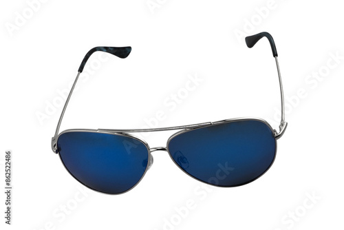 Fashionable sunglasses. Sunglasses with mirrored lenses isolated on white background. Mirrored sunglasses with anti-reflective coating. photo