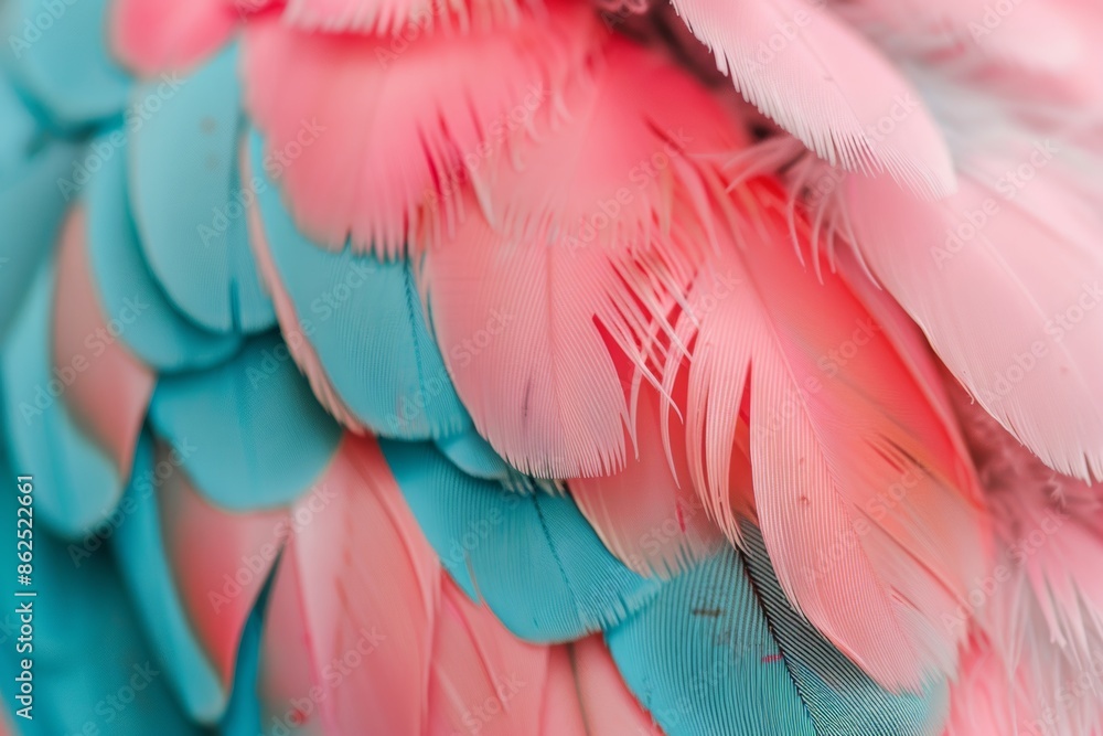 Fototapeta premium Vivid coral and turquoise parrot feathers close-up texture
