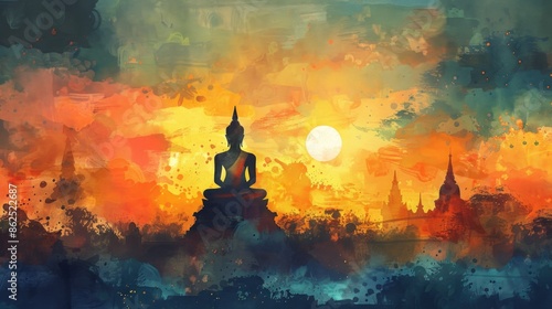 Watercolor painting style illustration for makha bucha day with a tranquil evening with a golden buddha statue photo