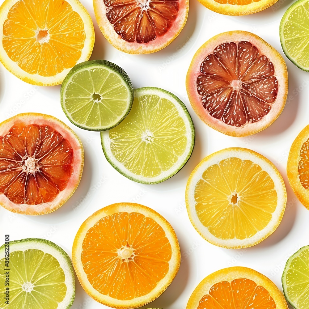A seamless pattern of citrus fruit slices on a white background, in a top view. A seamless pattern of citrus fruit slices on a white background, in a top view.