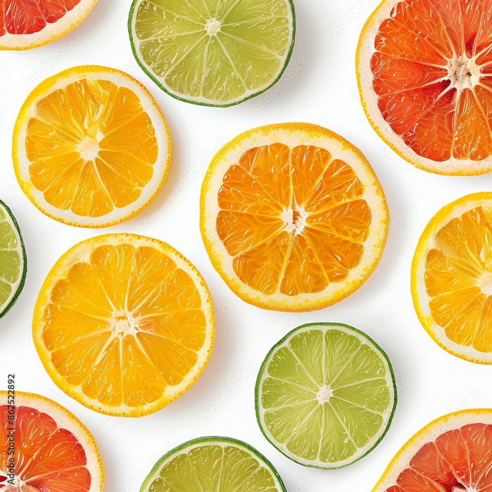 Obraz premium A seamless pattern of citrus fruit slices on a white background, in a top view.
