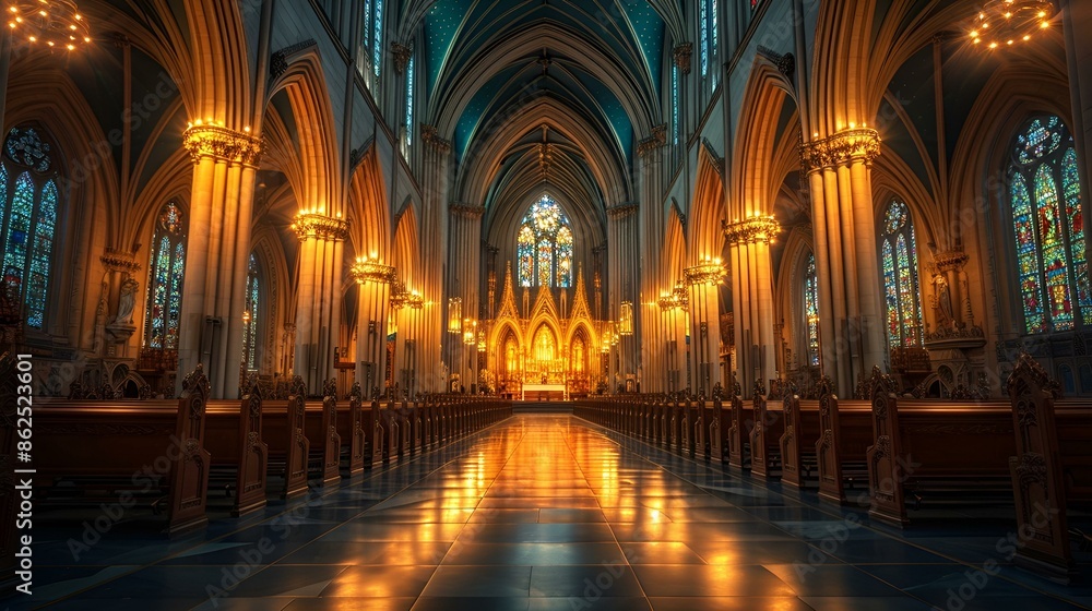 Fototapeta premium A grand cathedral with high ceilings and colorful stained glass.