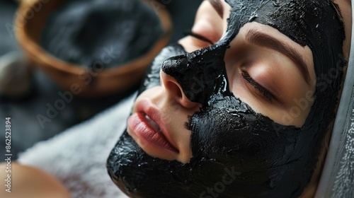 Woman is wearing a black charcoal facial mud mask for facial care while lying down, facial care
