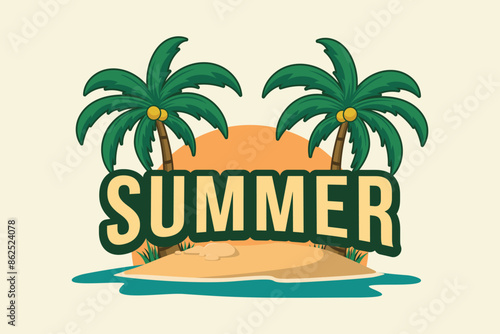 A tropical island with palm trees and a sunset in the background