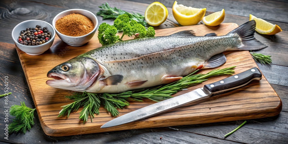 Fresh trout on chopping board with knife, olive oil drizzler and dill, trout, fish, fresh, chopping board, knife, olive oil Fresh trout on chopping board with knife, olive oil drizzler and dill, trout, fish, fresh, chopping board, knife, olive oil