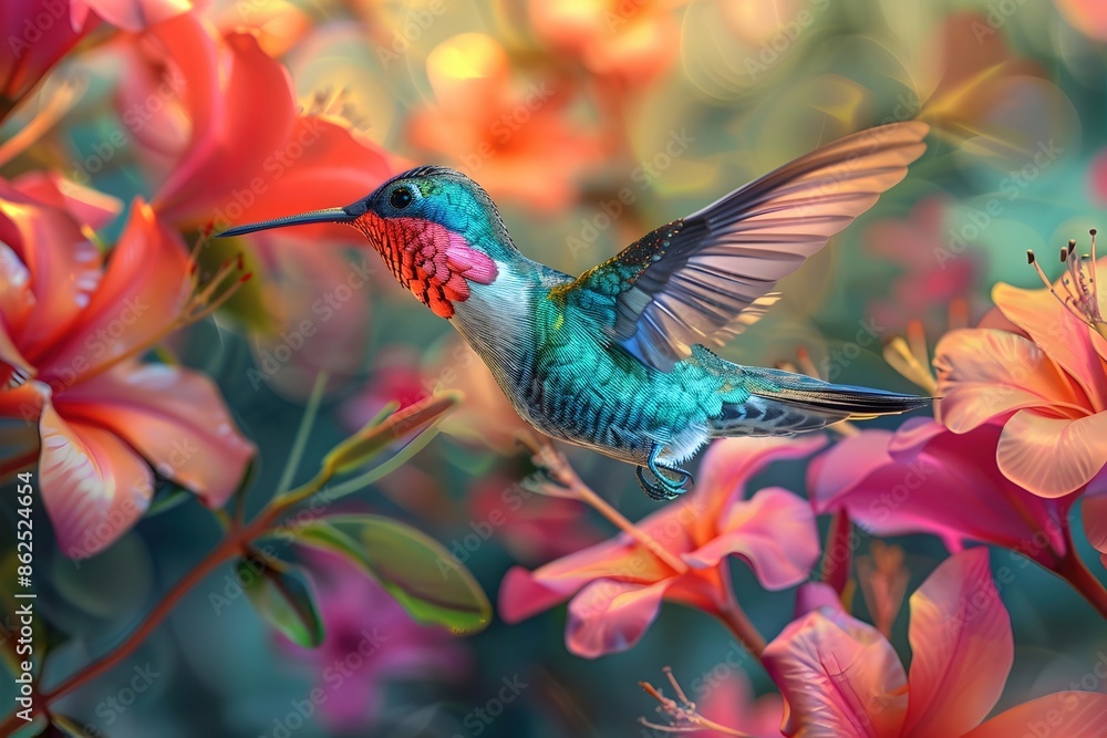 Obraz premium Mesmerizing Hummingbird in Vibrant Tropical Floral Landscape,Frozen in Dynamic Motion