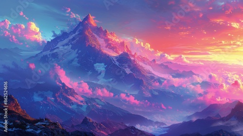 Mountains with a pink sky and clouds in the background