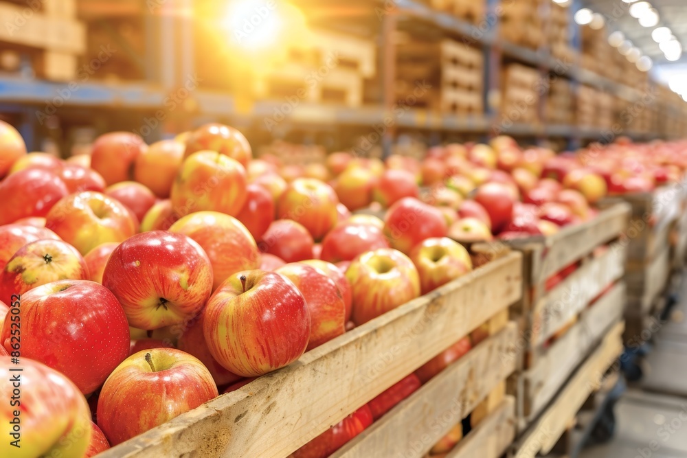 Fresh apples in crates at a modern grocery warehouse Fresh apples in crates at a modern grocery warehouse