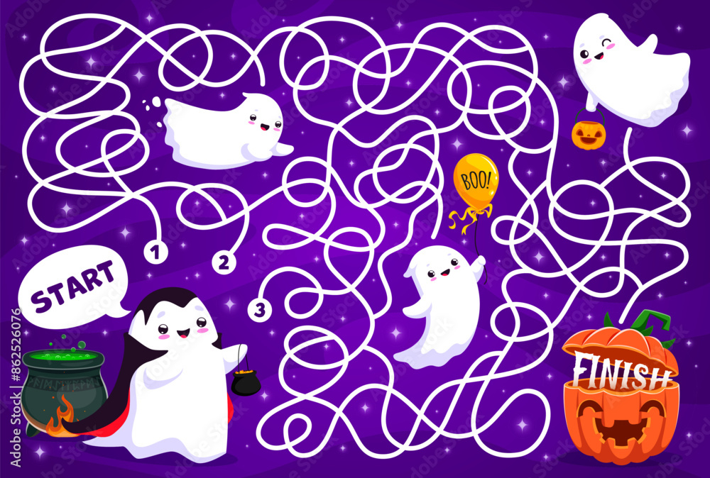 Fototapeta premium Halloween labyrinth maze game, ghost finding a path to pumpkin. Find way children game worksheet, search path kids vector puzzle or maze page with Halloween holiday cheerful kawaii ghost characters