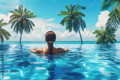 Young woman relaxing in swimming pool with palm trees and sea on background