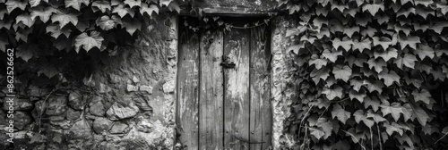A forgotten wooden door halfhidden by overgrown plants waiting to reveal its secrets. Black and white art © Justlight