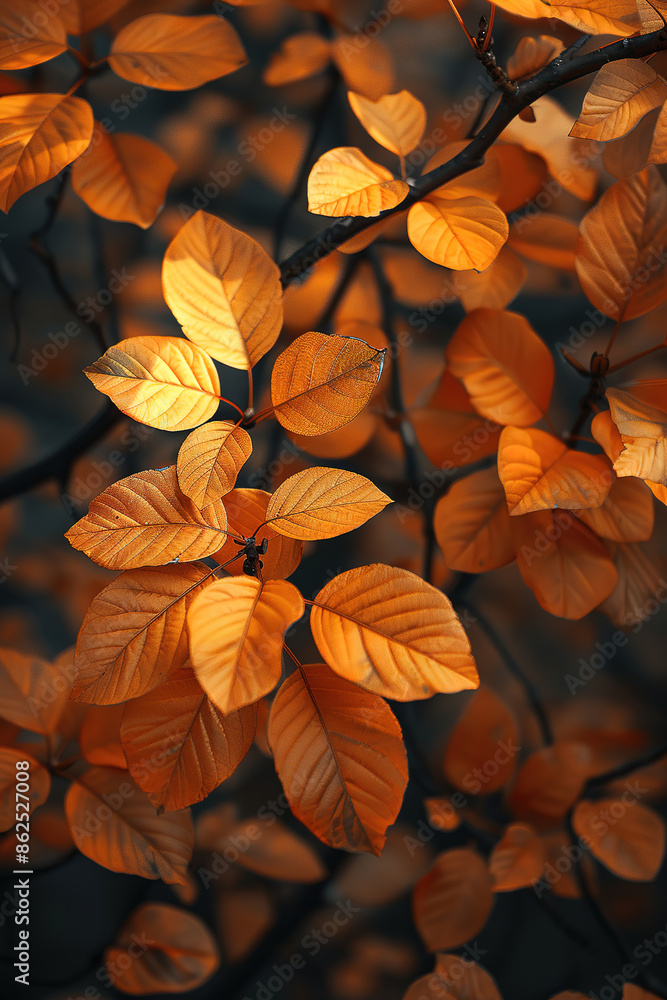 Autumn leaves in golden hour, creating an enchanting backdrop for autumn-themed designs, with empty copy space Autumn leaves in golden hour, creating an enchanting backdrop for autumn-themed designs, with empty copy space