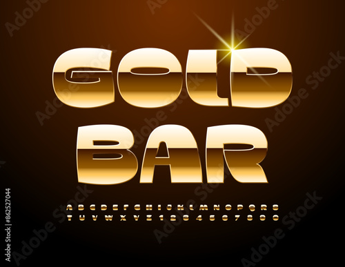 Vector premium icon Gold Bar. Exclusive Gold Font. Shiny Cool Alphabet Letters and Numbers