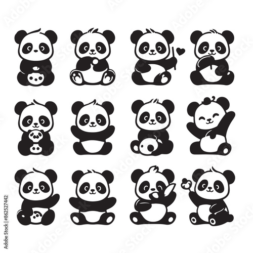 Panda set silhouette style vector