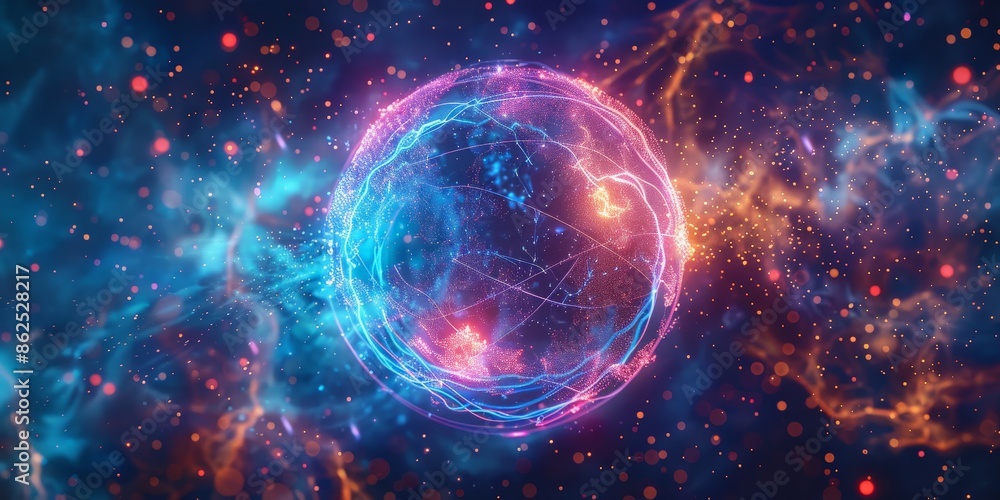 Obraz premium Neon Energy Sphere Surrounded by Dynamic Particles