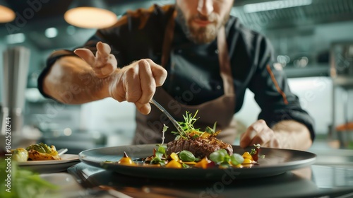 Fototapeta Naklejka Na Ścianę i Meble -  Chef garnishes exquisite dish, showcasing culinary artistry and passion for haute cuisine. Ideal for highlighting fine dining, gastronomy expertise, and sophisticated process of creating gourmet food