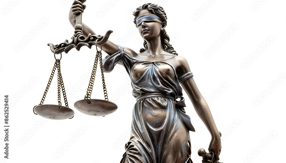 Statue of Lady Justice isolated on white, low angle view. Symbol of fair treatment under law Statue of Lady Justice isolated on white, low angle view. Symbol of fair treatment under law