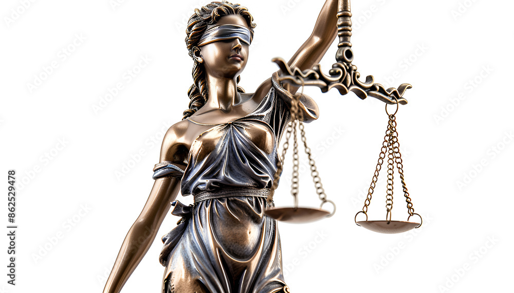 Statue of Lady Justice isolated on white, low angle view. Symbol of fair treatment under law Statue of Lady Justice isolated on white, low angle view. Symbol of fair treatment under law