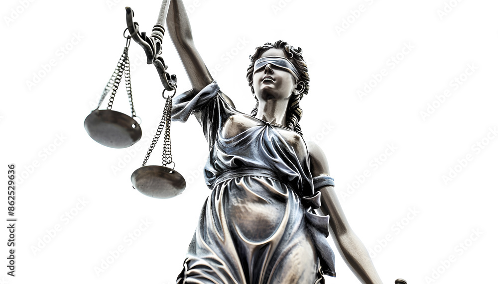 Statue of Lady Justice isolated on white, low angle view. Symbol of fair treatment under law Statue of Lady Justice isolated on white, low angle view. Symbol of fair treatment under law