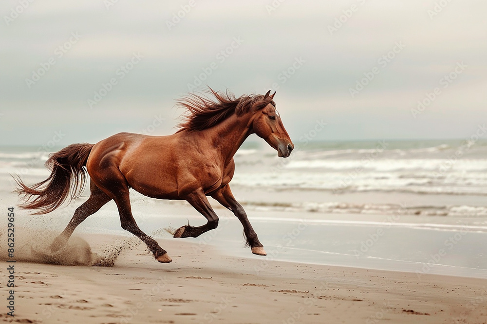 Majestic horse running along the beach, showcasing beauty and freedom Majestic horse running along the beach, showcasing beauty and freedom