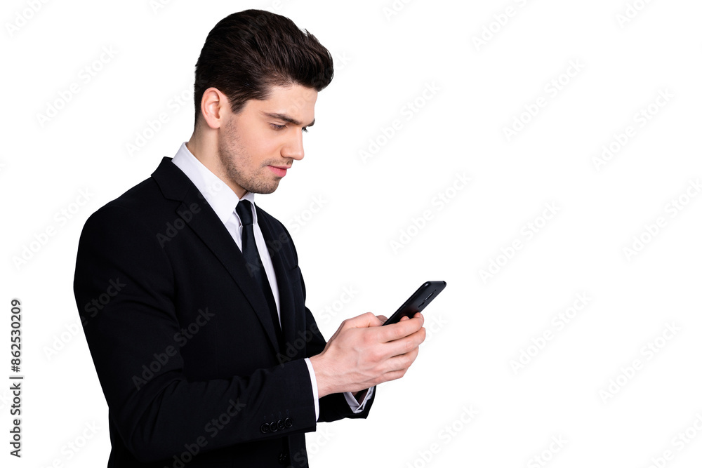 Profile side photo trendy successful entrepreneur executive communicate search news decide solve startup problems worried much work use user modern technology classic outfit isolated silver background Profile side photo trendy successful entrepreneur executive communicate search news decide solve startup problems worried much work use user modern technology classic outfit isolated silver background