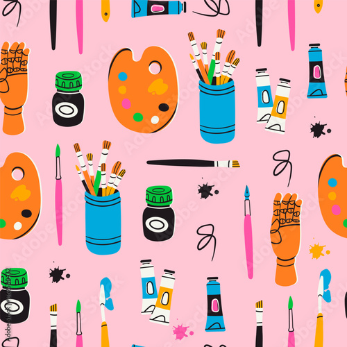 Various art tools, supplies, equipment. Mannequins hand, ink, brush kit, pencil, paint palette, oil tube paint. Hand drawn Vector illustration. Square seamless Pattern, background, wallpaper