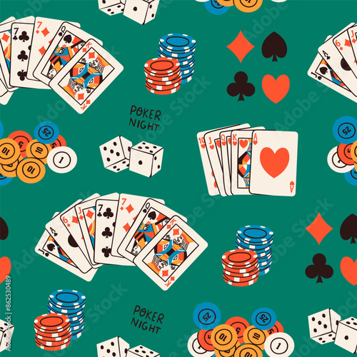 Poker night set. Playing cards, casino chips, token, dice, card suits. Hand drawn Vector illustration. Tournament, game, casino, poker, gambling, fun concept. Square seamless Pattern, background