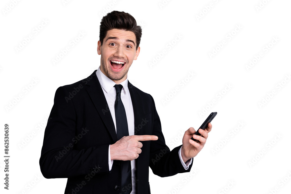 Advert ads concept. Portarit of handsome sales representative impressed by new product option give feedback attention show scream shout omg wow unbelievable black blazers isolated grey background Advert ads concept. Portarit of handsome sales representative impressed by new product option give feedback attention show scream shout omg wow unbelievable black blazers isolated grey background