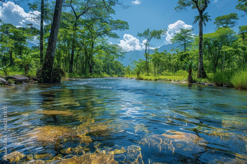 Obraz premium A lush forest with towering trees, a clear blue river running through it, and diverse wildlife living harmoniously.