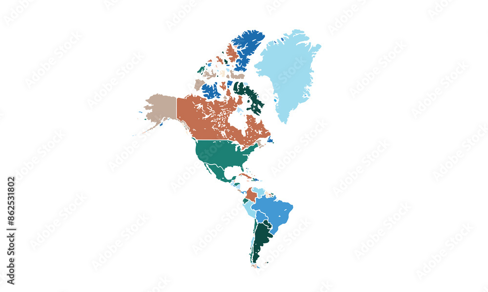 Obraz premium Map of North and South America isolated modern colorful style. for website layouts, background, education, precise, customizable, Travel worldwide, map silhouette backdrop, earth geography.