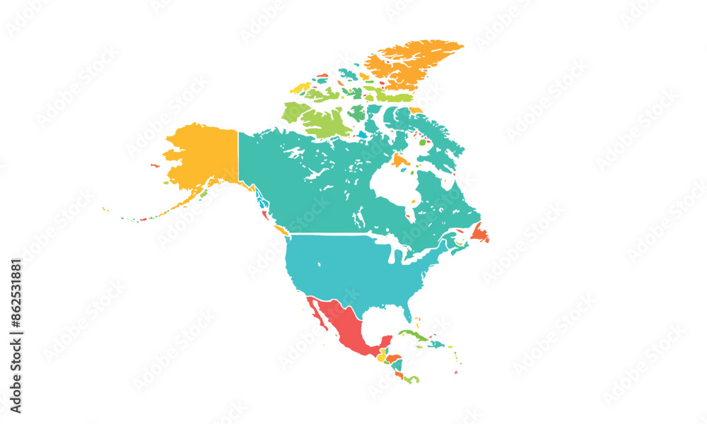 Obraz premium Map of north america isolated modern colorful style. for website layouts, background, education, precise, customizable, Travel worldwide, map silhouette backdrop, earth geography, political, reports.