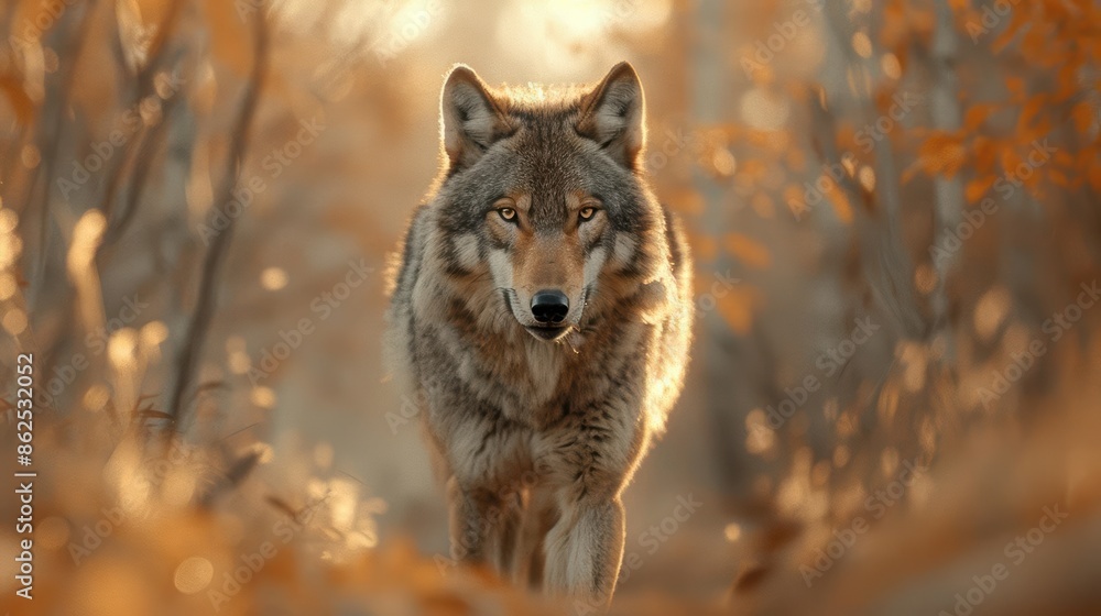 Obraz premium Majestic wolf walking through autumn forest, surrounded by warm foliage, exuding a sense of wilderness and natural beauty.