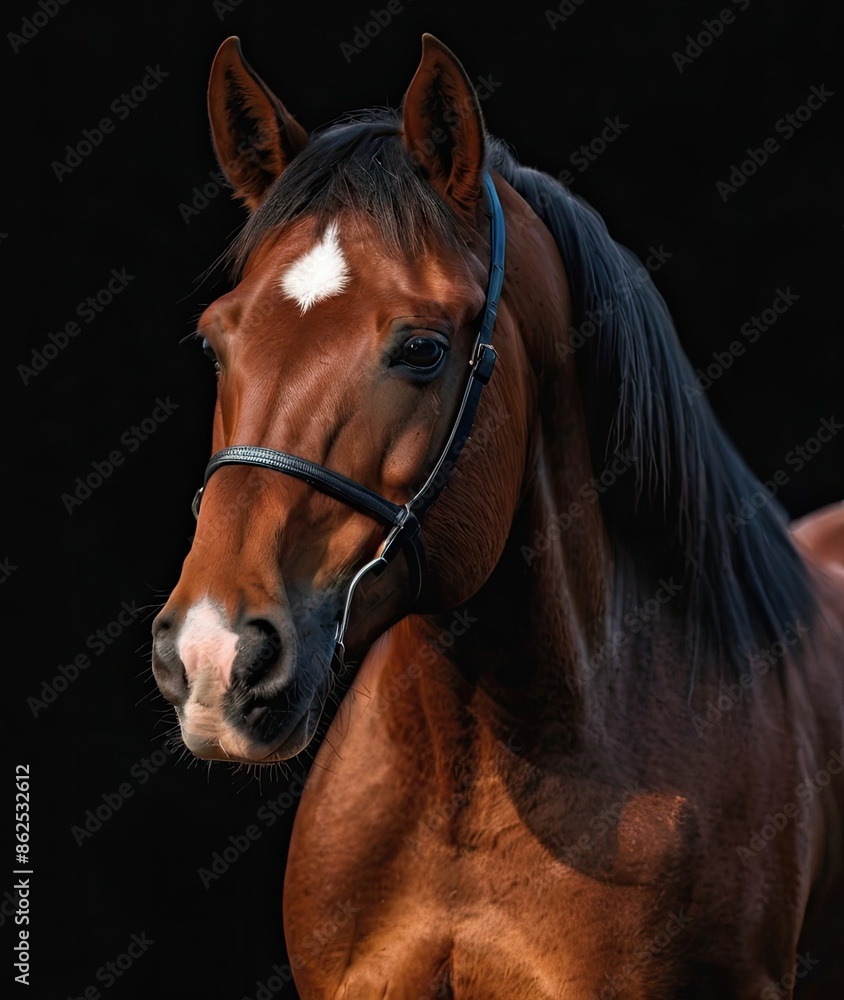 Beautiful bay horse portrait on black background Beautiful bay horse portrait on black background