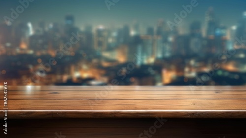 Wooden tabletop with blurred cityscape background. An image of table in front of urban city in night time with glowing light. Mockup concept with copy space for advertising and product display. AIG35.