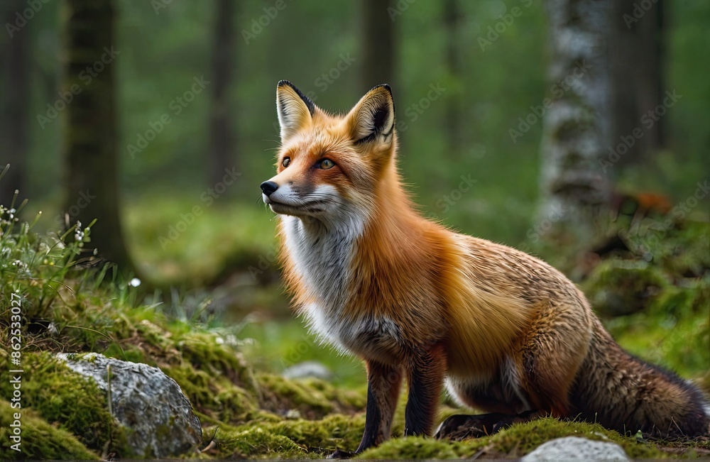 Fox in green forest. Cute Red Fox, at forest with flowers, moss stone. Wildlife scene from nature. Fox in green forest. Cute Red Fox, at forest with flowers, moss stone. Wildlife scene from nature.