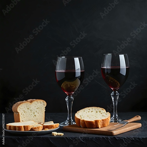 Celebrazione con Pane e vino, coppe di vino, fette e pagnotte di pane, salame photo