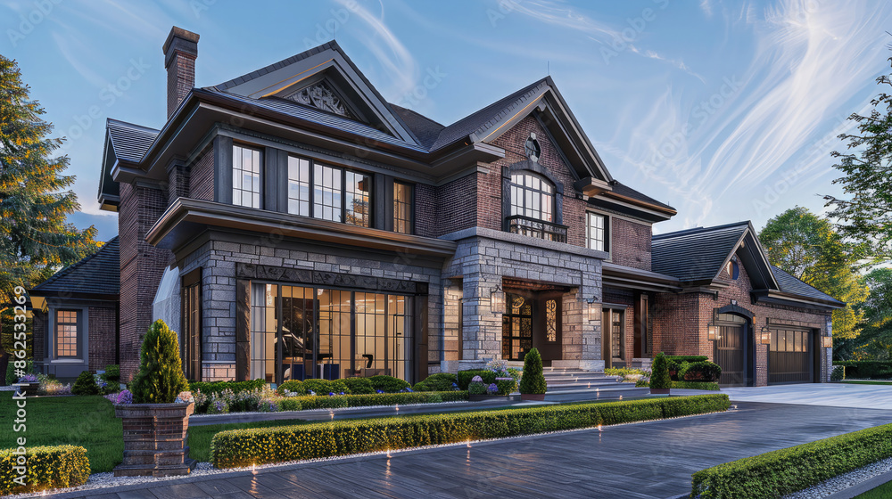 The exterior of a luxurious house adorned with a tasteful combination of brick and siding trim, showcasing elegant craftsmanship. The exterior of a luxurious house adorned with a tasteful combination of brick and siding trim, showcasing elegant craftsmanship.