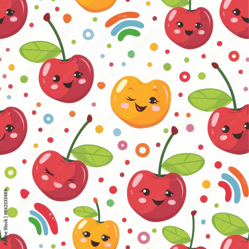A colorful pattern of cherry fruits with smiling faces on them A colorful pattern of cherry fruits with smiling faces on them