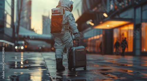 Astronaut Walking Through City Street With Luggage at Sunset