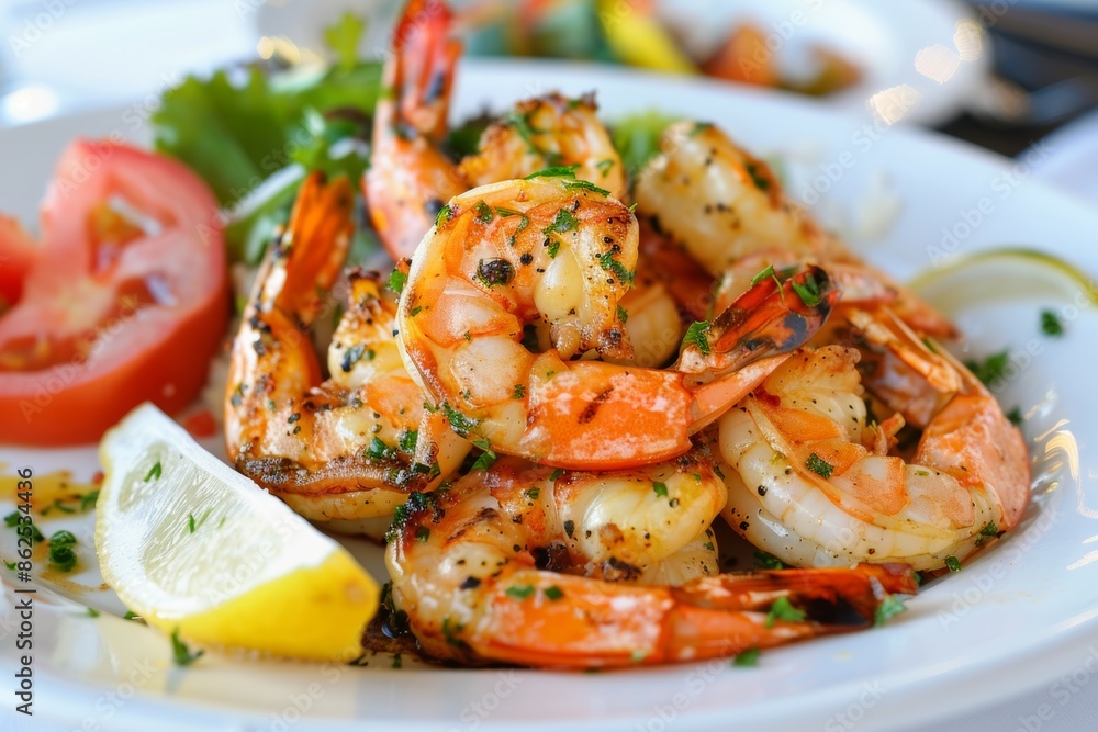 Delicious grilled shrimp plate with fresh lemon and herbs Delicious grilled shrimp plate with fresh lemon and herbs