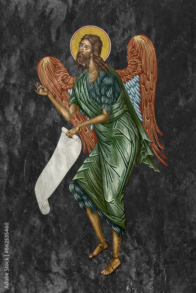 Obraz premium Traditional image of John Baptist. Religious medallion on black stone wall background in Byzantine style