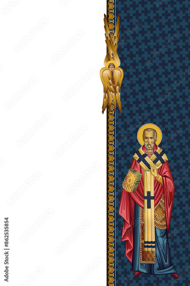 Obraz premium Religious decorative border with Saint Nicholas of Myra. Illustration in Byzantine style isolated