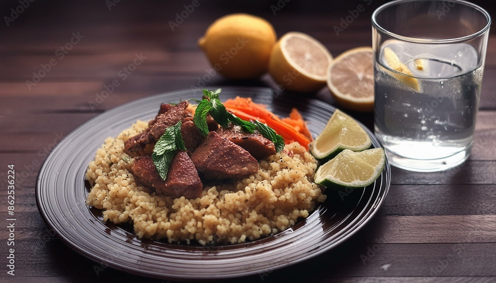 A plate of Tanzanian ugali, a thick maize porridge, served with vegetables and meat. Served with a glass of fresh water and a few slices of lemon. A plate of Tanzanian ugali, a thick maize porridge, served with vegetables and meat. Served with a glass of fresh water and a few slices of lemon.