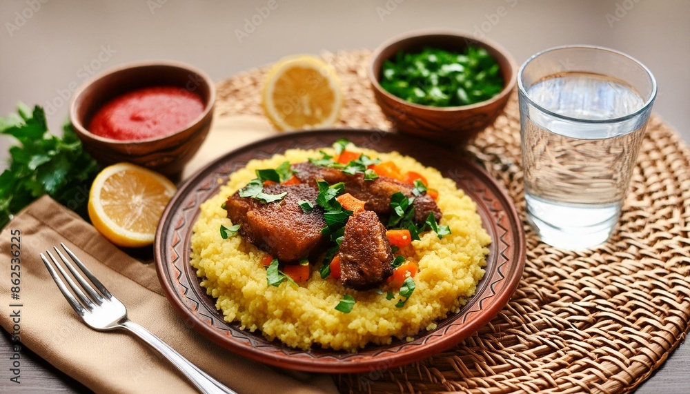 A plate of Tanzanian ugali, a thick maize porridge, served with vegetables and meat. Served with a glass of fresh water and a few slices of lemon. A plate of Tanzanian ugali, a thick maize porridge, served with vegetables and meat. Served with a glass of fresh water and a few slices of lemon.